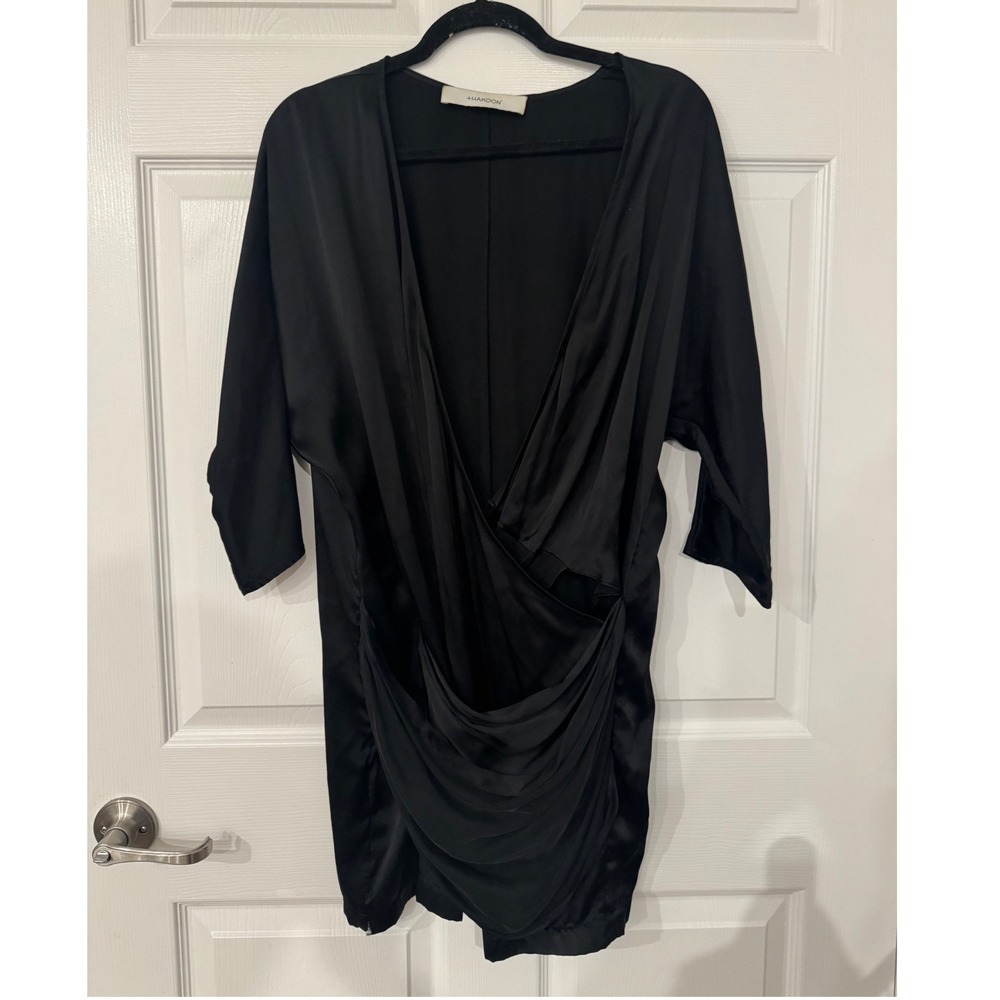 Thakoon Black 100% Silk Draped Wrap V-Neck Mini Dress Size 4 3/4 Sleeve Cocktail